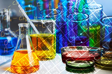 Image of Different glassware with samples, periodic table of elements and different chemical formulas and reactions, multiple exposure