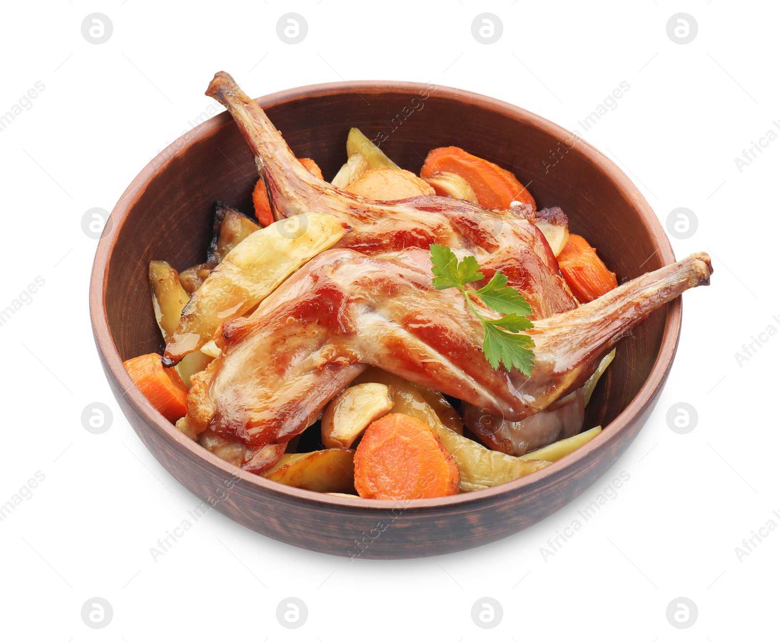 Photo of Tasty cooked rabbit with vegetables in bowl isolated on white