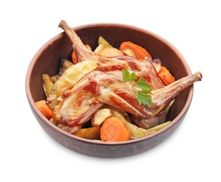 Photo of Tasty cooked rabbit with vegetables in bowl isolated on white