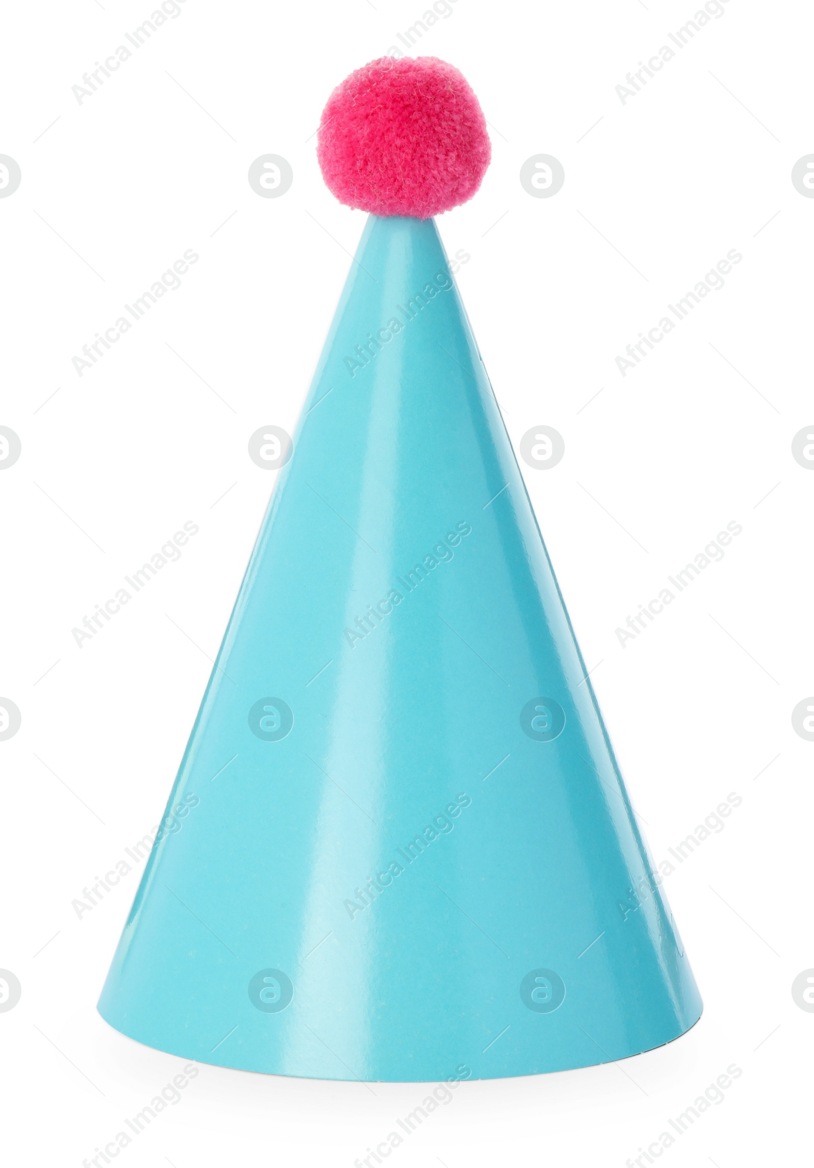 Photo of One light blue party hat with pompom isolated on white