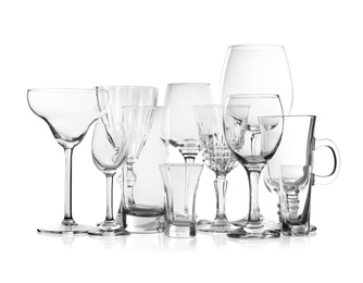 Photo of Set of new bar glassware on white background