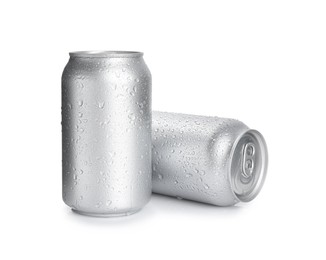 Photo of Aluminium cans of beverage on white background