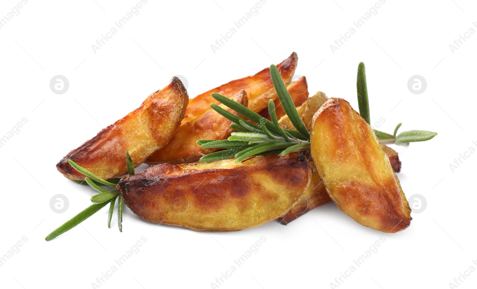 Photo of Tasty baked potato and aromatic rosemary on white background