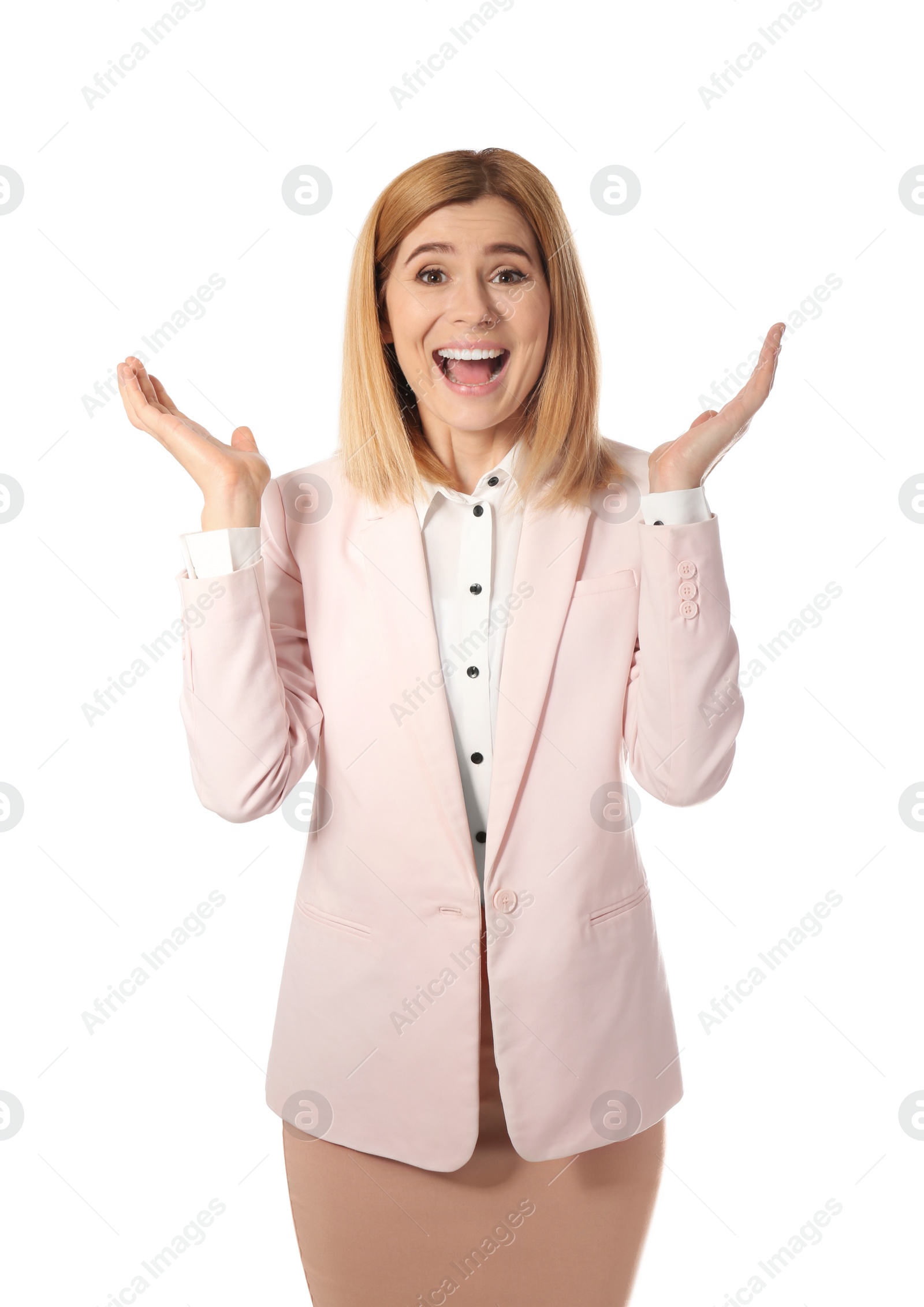 Photo of Portrait of emotional successful businesswoman on white background