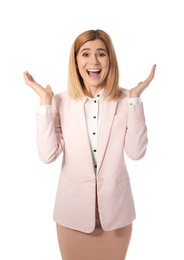 Portrait of emotional successful businesswoman on white background