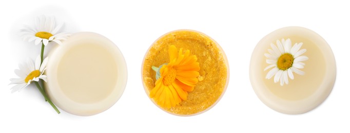 Image of Set with solid shampoo bars on white background, top view. Hair care