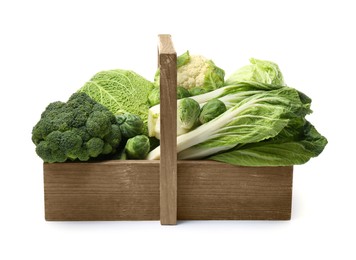 Wooden crate with different types of fresh cabbage on white background