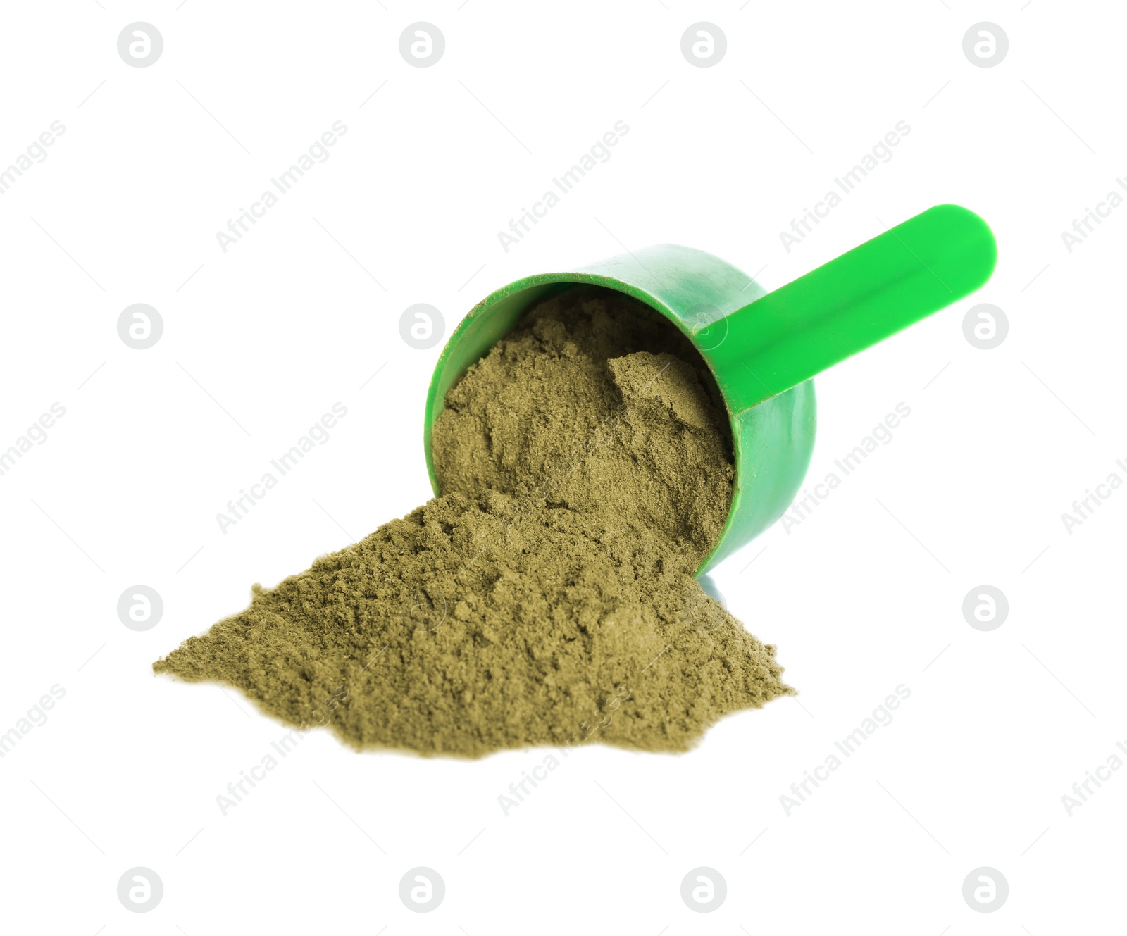 Photo of Hemp protein powder and measuring scoop on white background