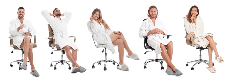 Image of People wearing bathrobes sitting on chairs against white background, collage. Banner design