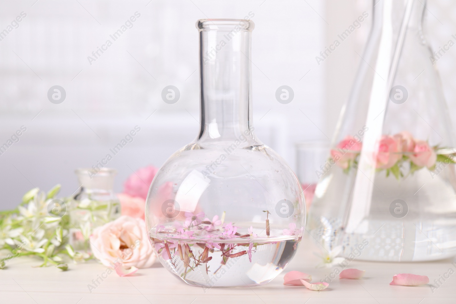 Photo of Flask with rosebay flowers on white wooden table. Essential oil extraction