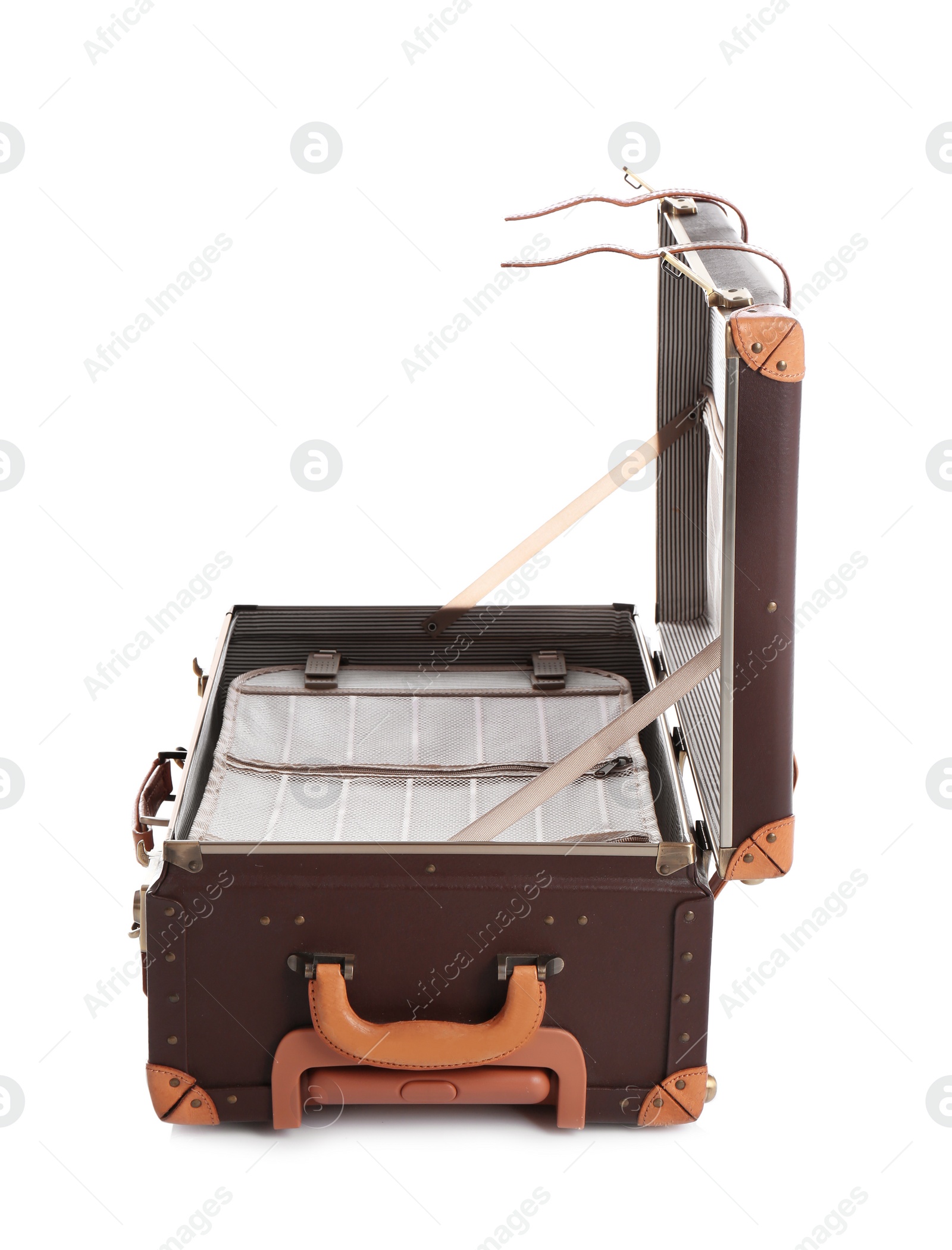 Photo of Open suitcase for travelling on white background