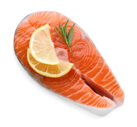 Photo of Fresh raw salmon steak with rosemary and lemon on white background, top view