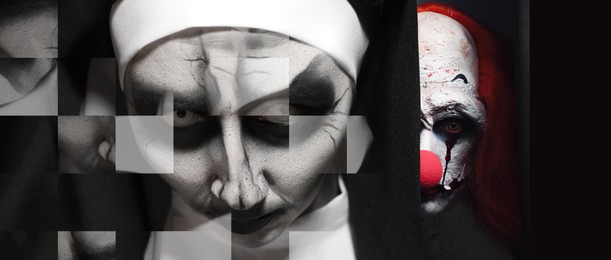 Image of Hallucinations. Devilish nun and scary clown on black background, distorted image. Banner design