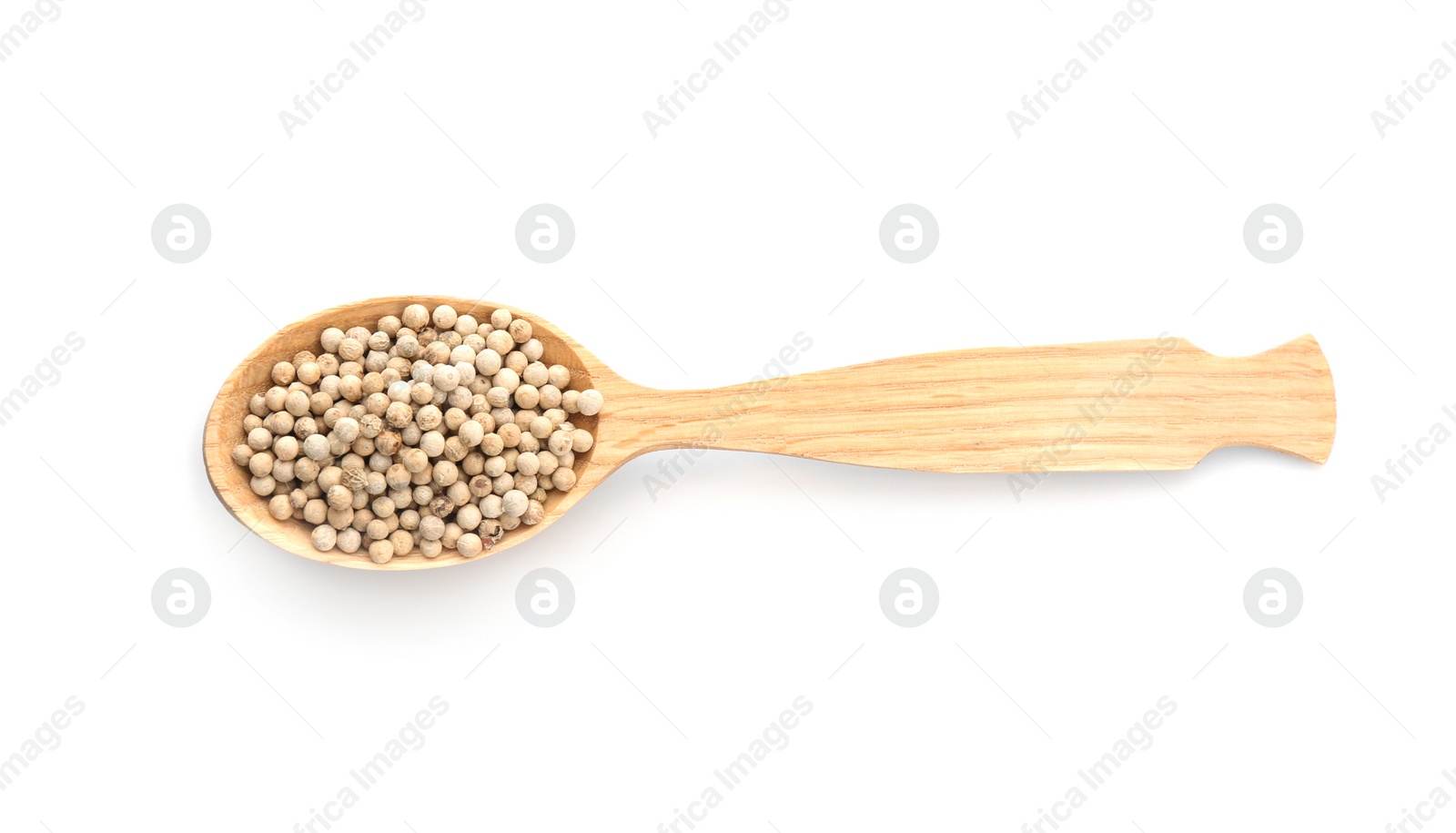 Photo of Wooden spoon with pepper grains on white background, top view