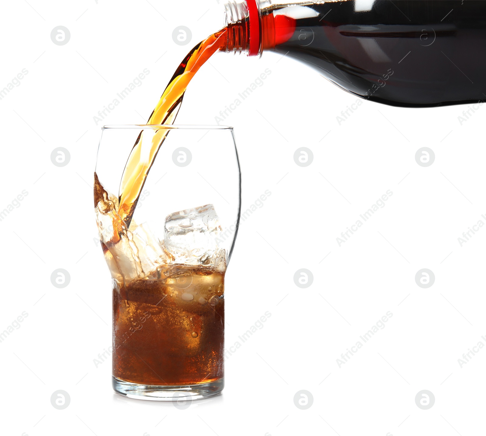 Photo of Pouring refreshing cola into glass with ice cubes on white background