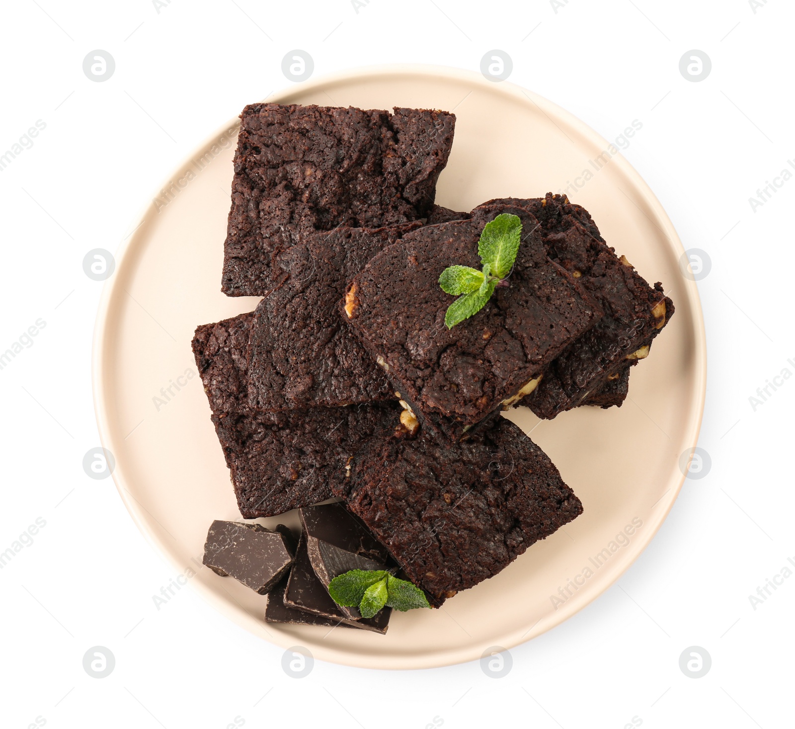 Photo of Delicious chocolate brownies with nuts and fresh mint on white background, top view