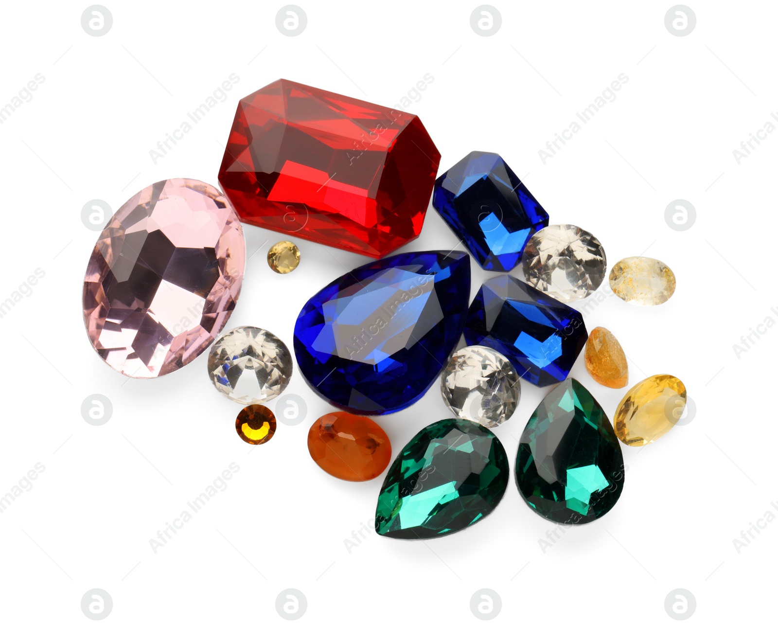 Photo of Different beautiful gemstones for jewelry isolated on white, top view