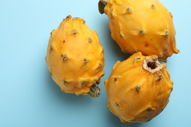 Photo of Delicious yellow pitahaya fruits on light blue background, flat lay
