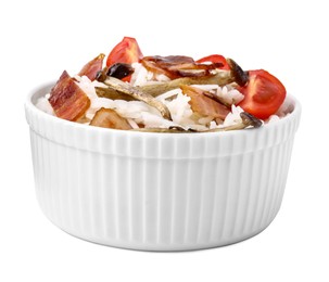 Photo of Delicious rice with bacon, mushrooms and tomatoes isolated on white