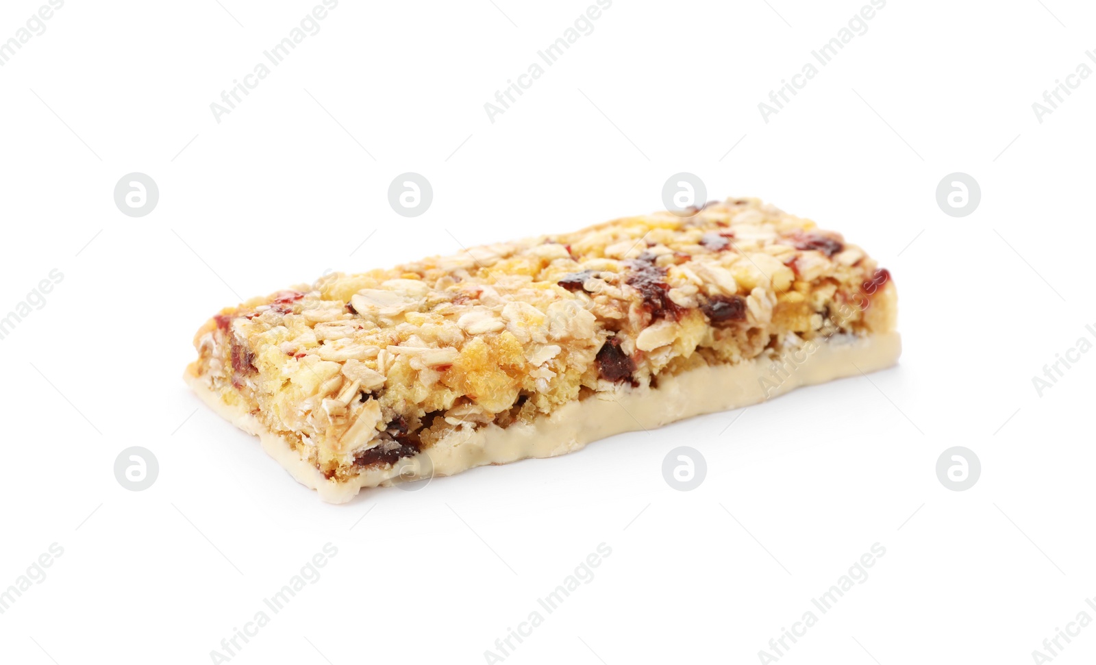 Photo of Tasty protein bar on white background. Healthy snack