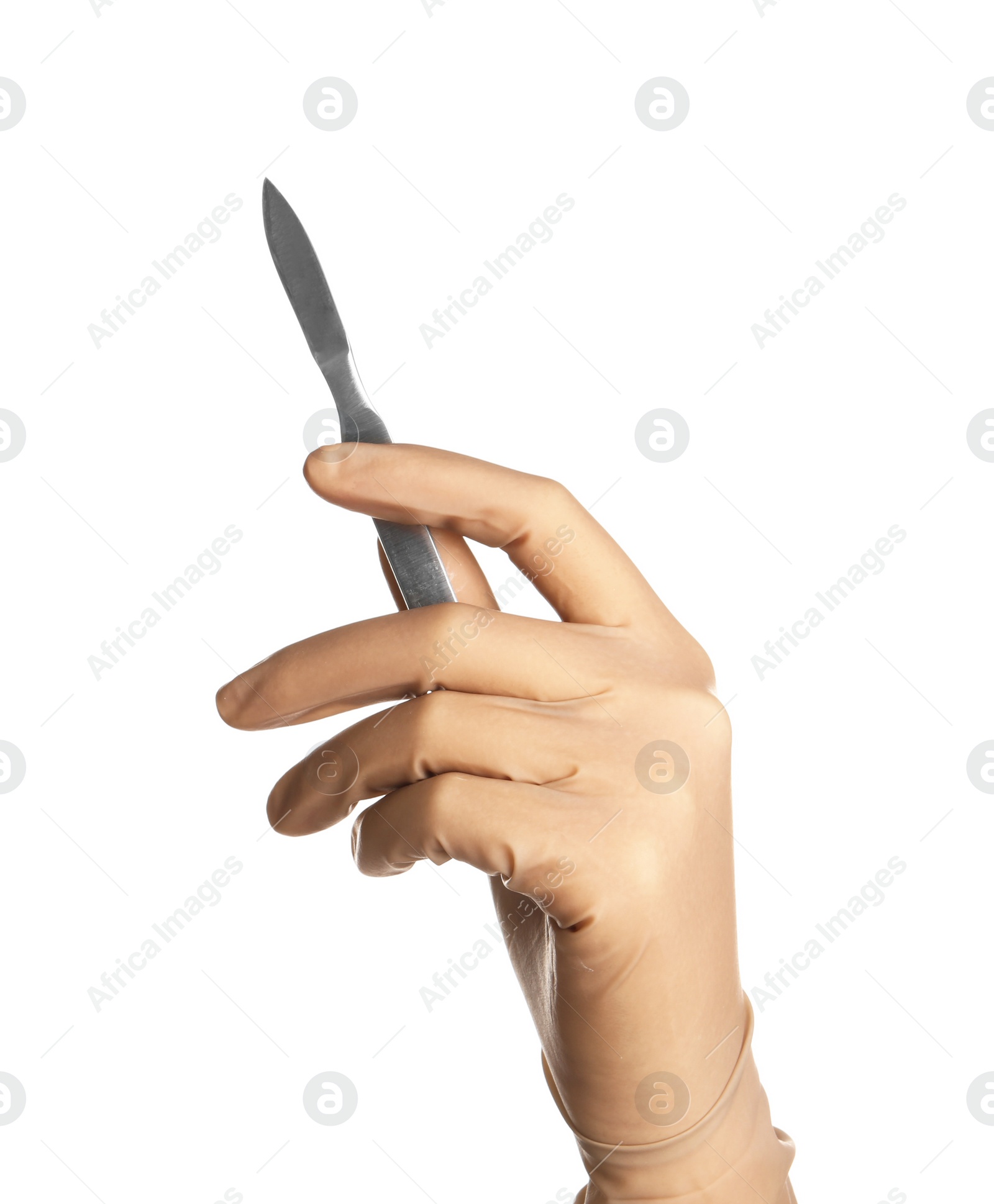 Photo of Doctor in medical glove holding surgery scalpel on white background