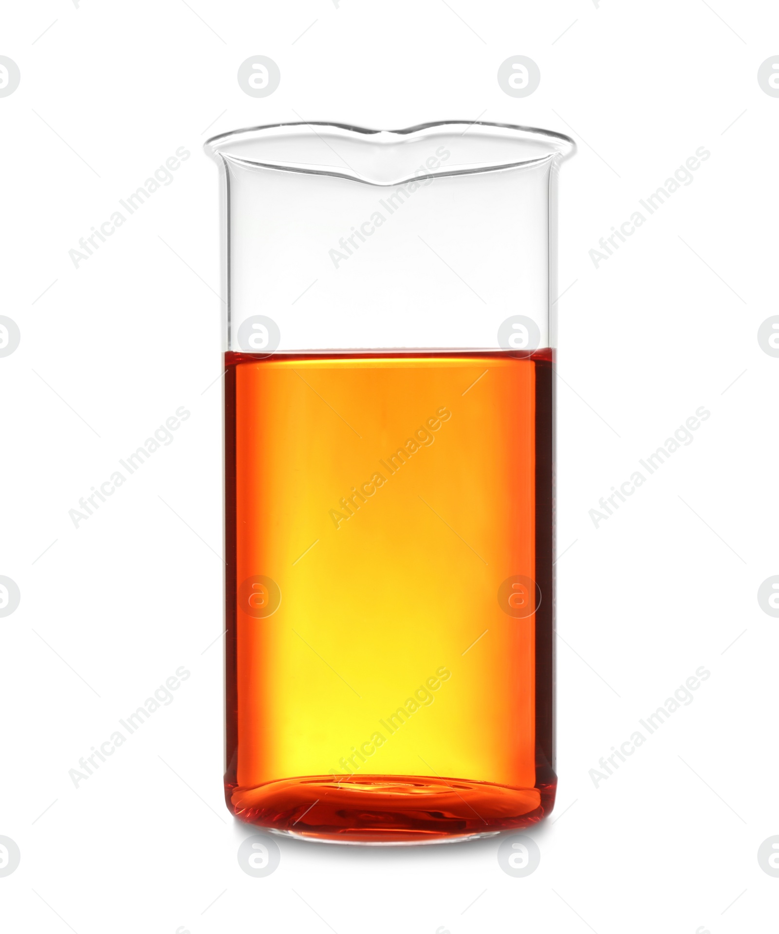Photo of Laboratory glassware with color sample on white background. Solution chemistry