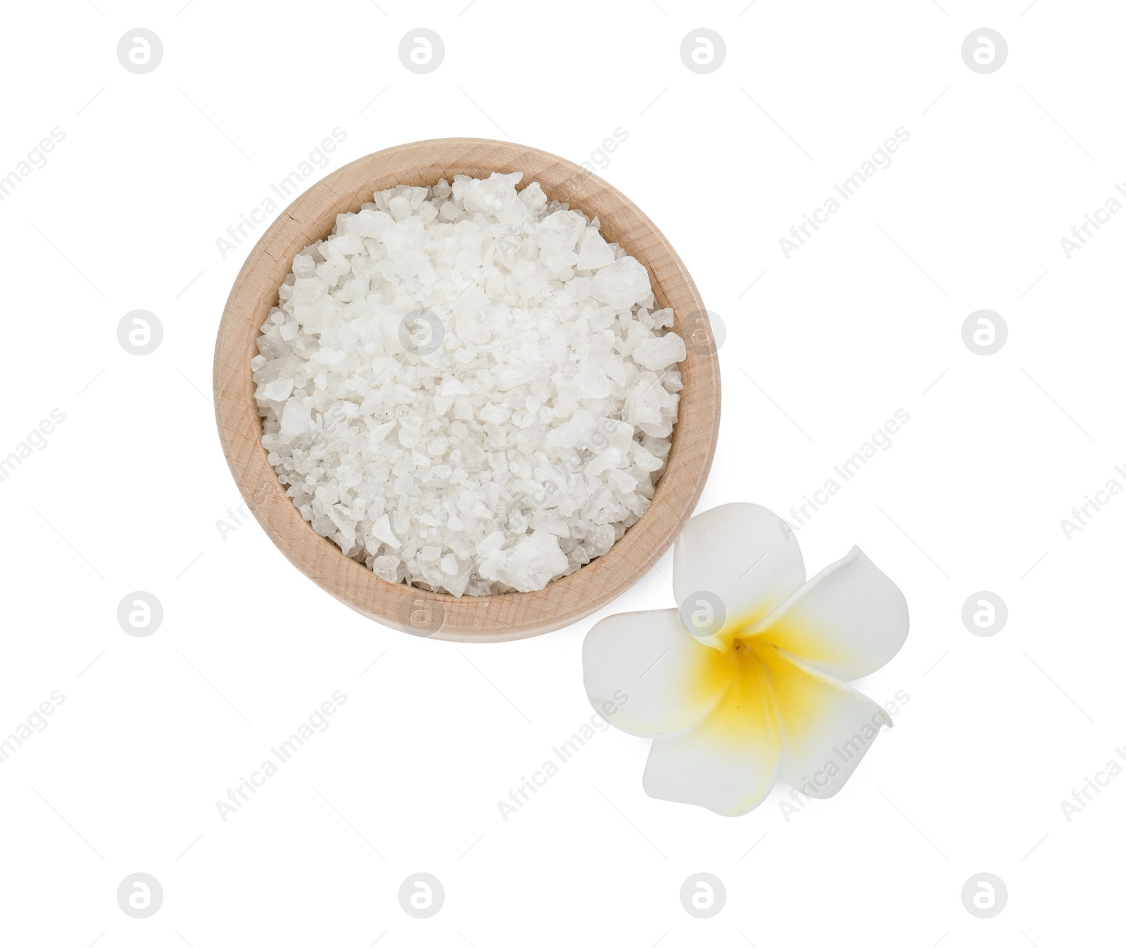 Photo of Bowl of sea salt and beautiful plumeria flower isolated on white, top view
