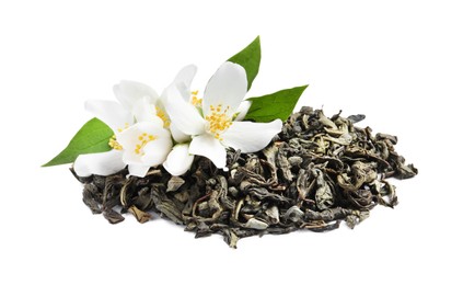 Photo of Dry tea leaves and fresh jasmine flowers on white background
