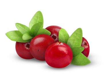 Image of Fresh ripe cranberries with leaves isolated on white