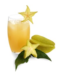 Delicious carambola juice in glass on white background