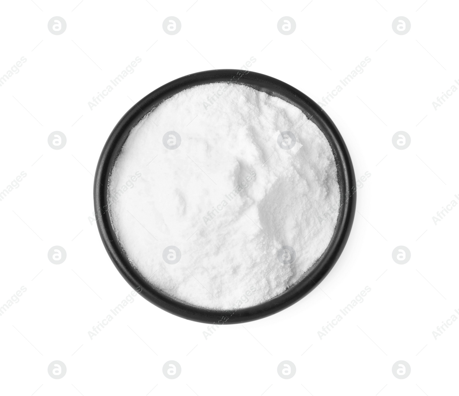 Photo of Bowl of sweet fructose powder isolated on white, top view