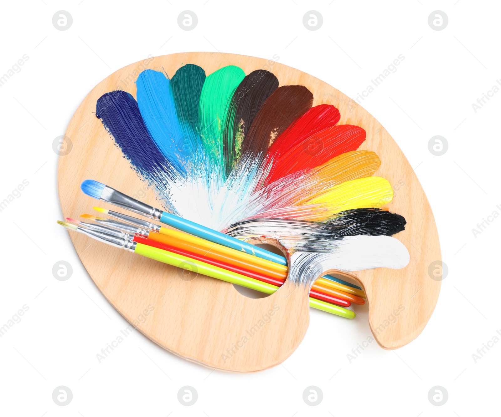 Photo of Palette with paints and brushes on white background, top view. Artist equipment