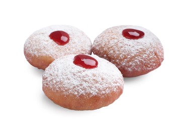 Hanukkah donuts with jelly and powdered sugar isolated on white