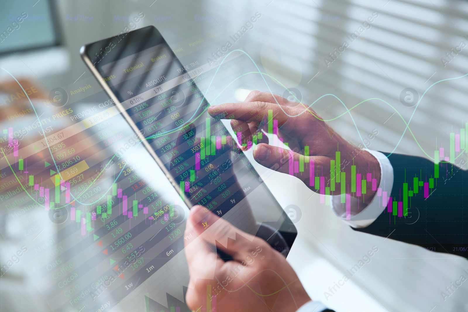 Image of Stock exchange. Man using tablet and illustration of rating graph