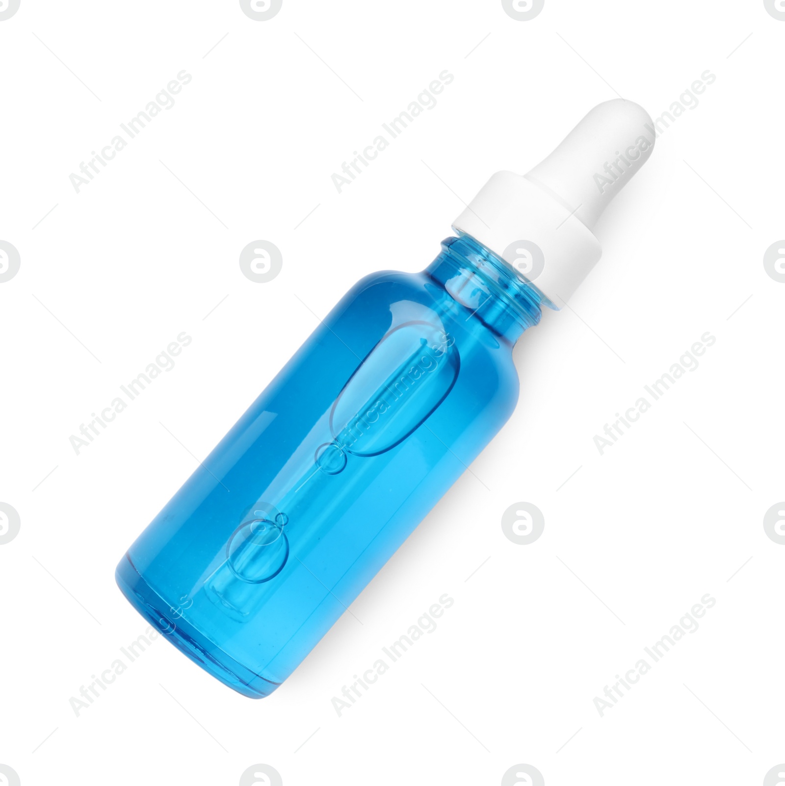 Photo of Bottle of luxury serum isolated on white, top view