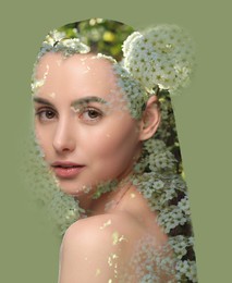 Image of Double exposure of beautiful woman and blooming flowers on green background
