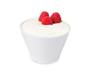 Photo of Bowl of delicious yogurt with raspberries isolated on white