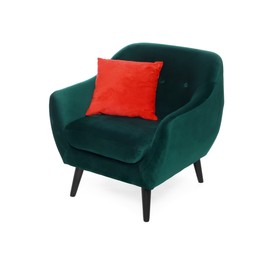 Photo of One green armchair with red pillow isolated on white