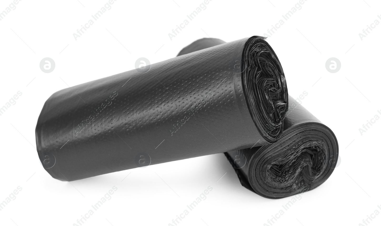 Photo of Two rolls of black garbage bags isolated on white