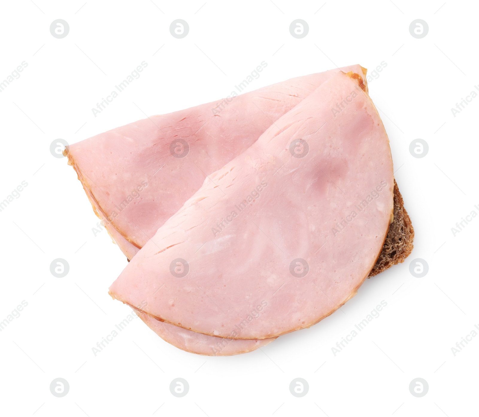 Photo of Delicious sandwich with ham isolated on white, top view