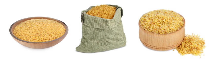 Image of Collage with bag and wooden bowls of uncooked bulgur on white background