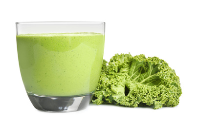 Tasty fresh kale smoothie isolated on white