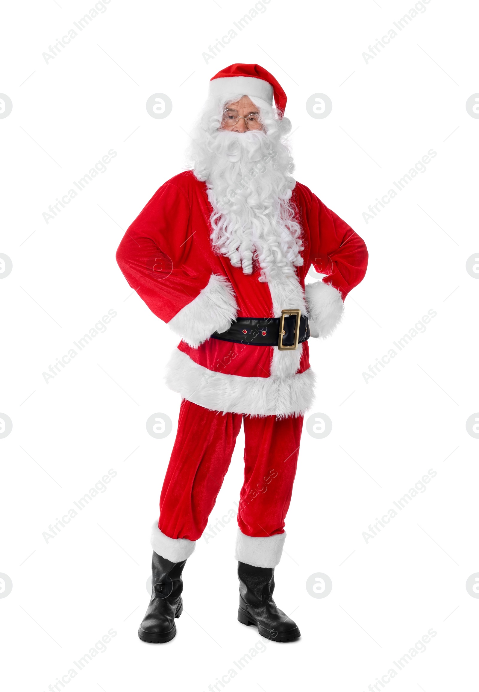 Photo of Man in Santa Claus costume posing on white background