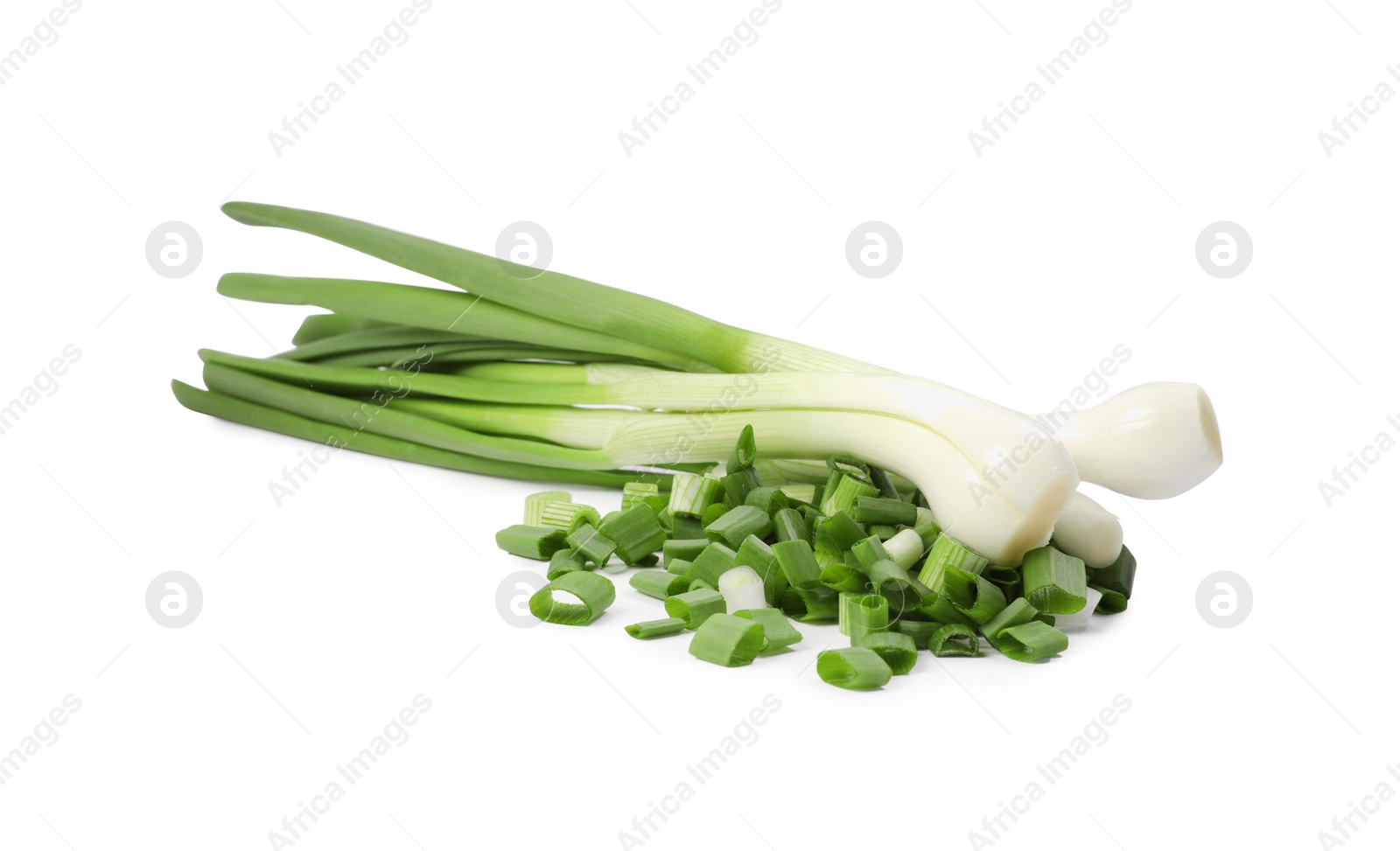 Photo of Whole and chopped green onion isolated on white