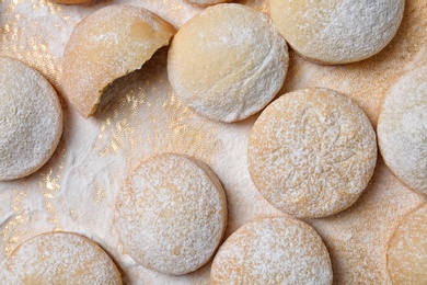 Photo of Traditional cookies for Islamic holidays on color background, flat lay. Eid Mubarak