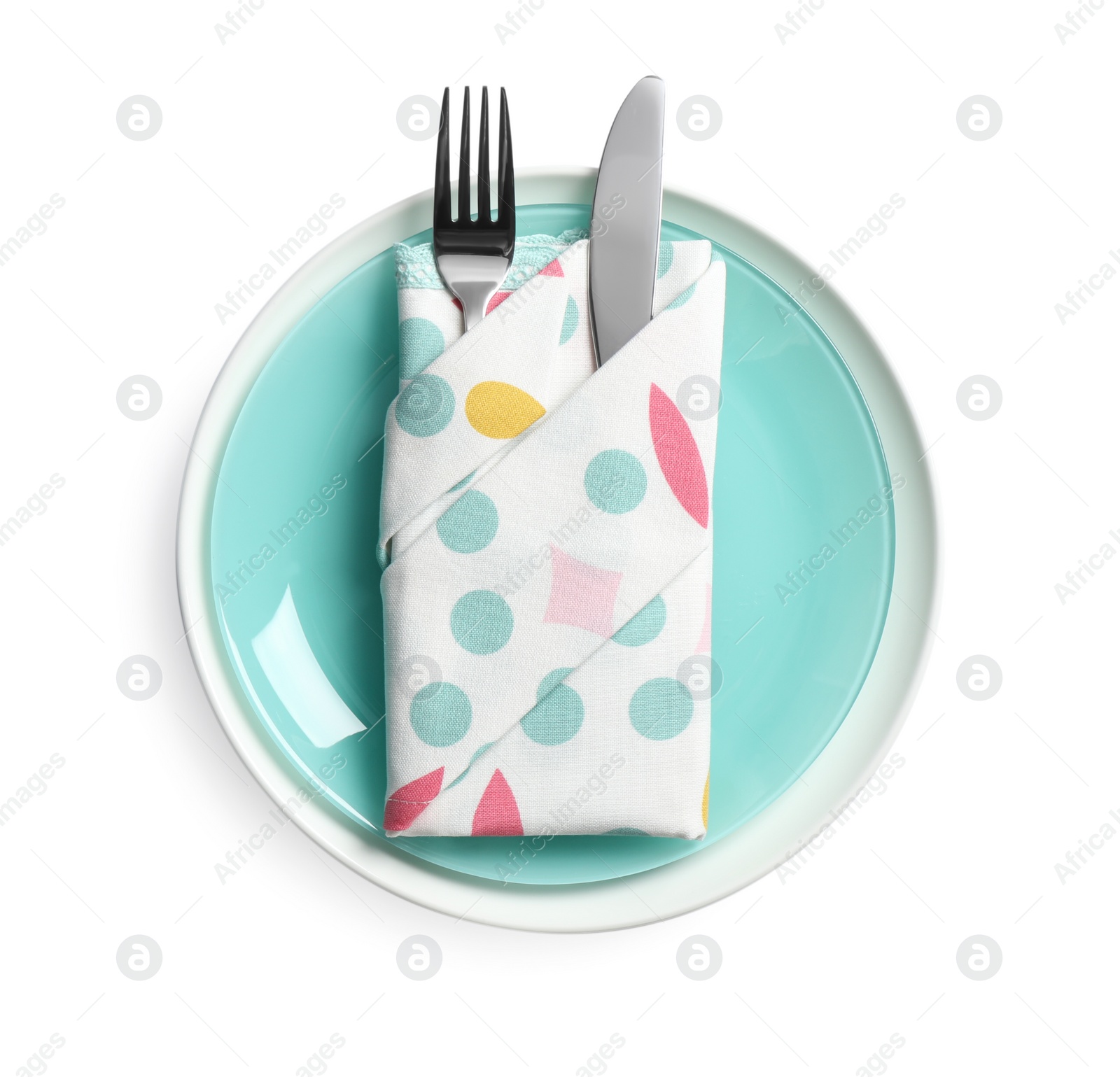 Photo of Beautiful table setting on white background, top view