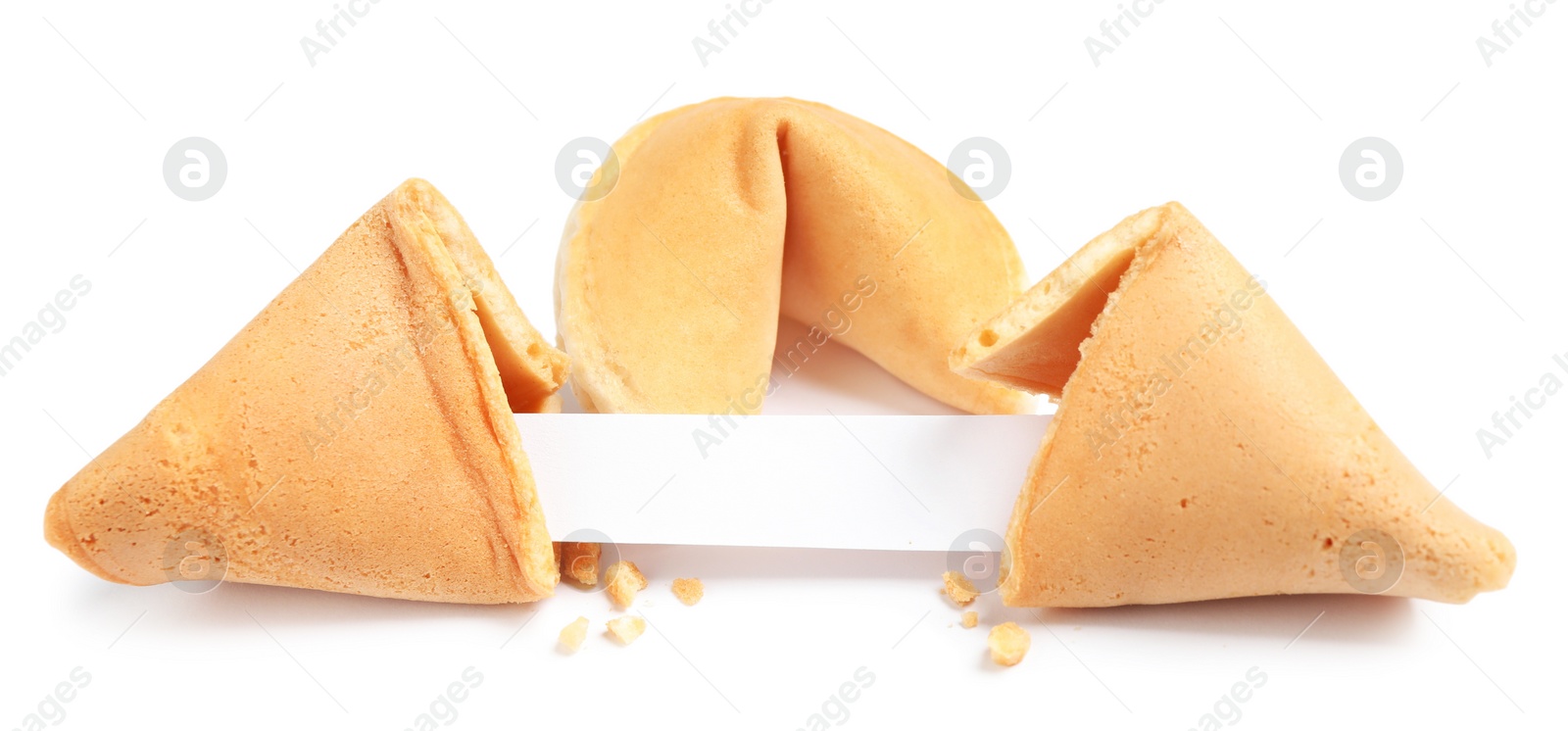 Photo of Traditional fortune cookies with prediction on white background