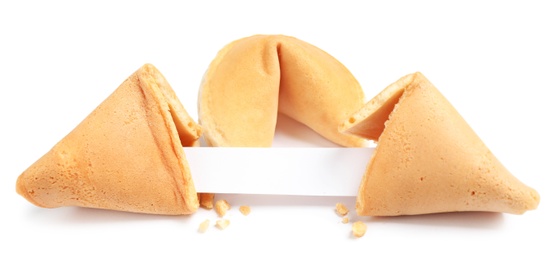 Photo of Traditional fortune cookies with prediction on white background