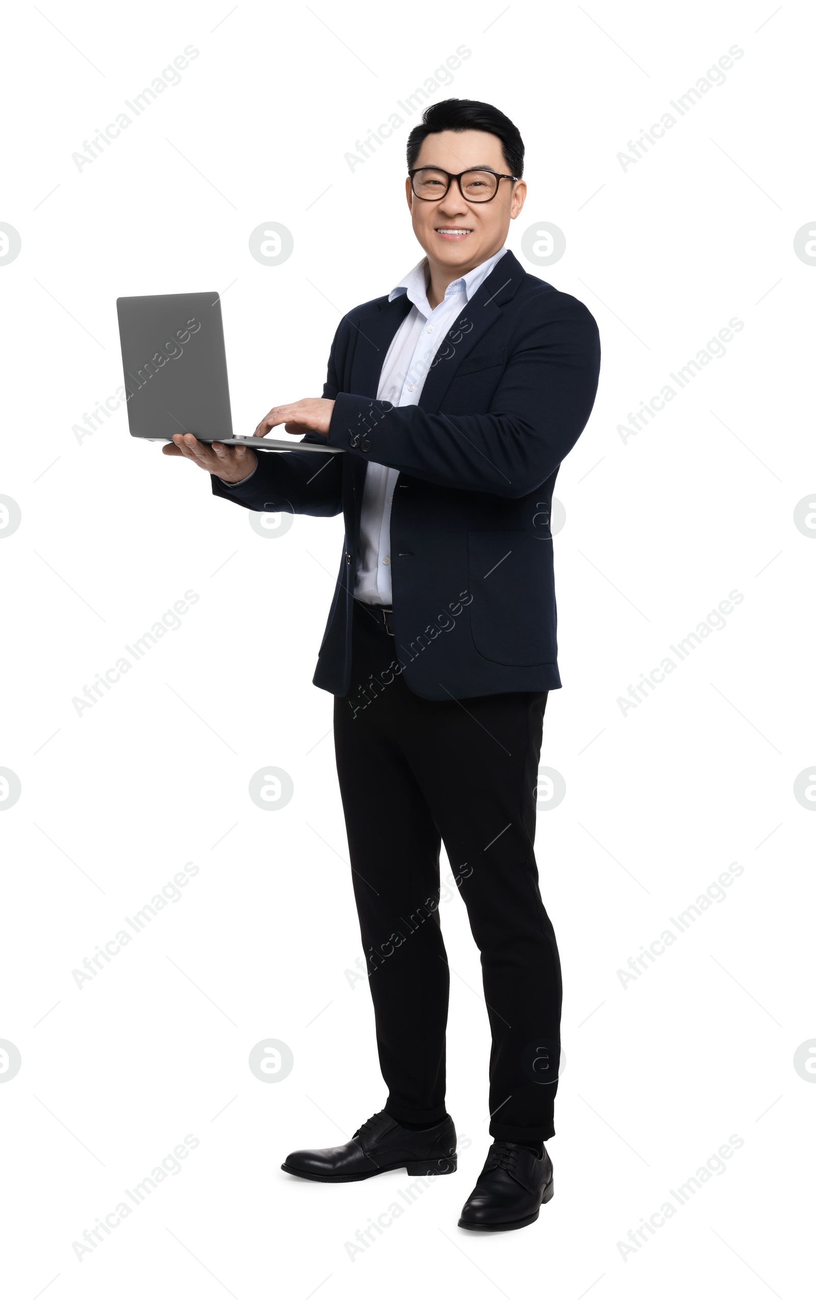 Photo of Businessman in suit with laptop on white background