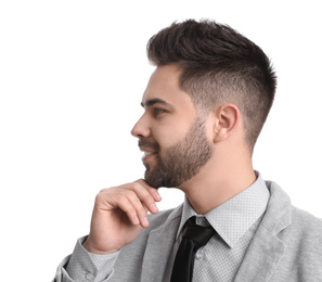 Young businessman in suit on white background